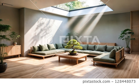 Modern living room with skylight and natural light featuring wooden furniture and green plants 128448073
