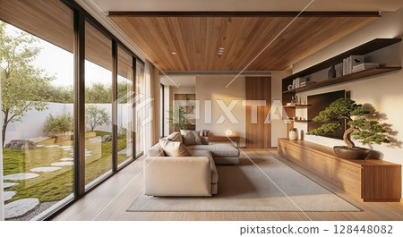 Modern living room interior with wood ceiling and large windows in luxury home 128448082