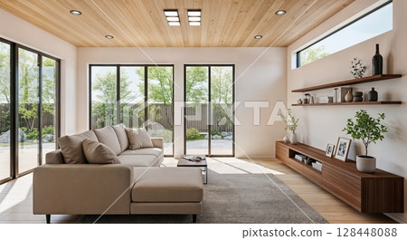 Modern living room interior with natural light and contemporary furniture design 128448088