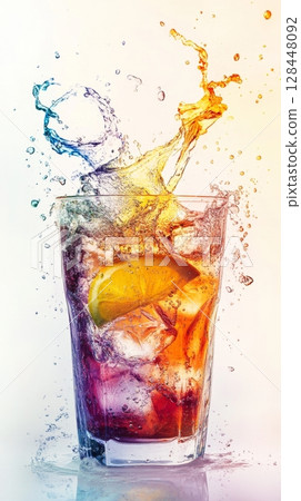 A cocktail explodes with vibrant colors and water droplets, showcasing citrus and ice against a clean white backdrop 128448092