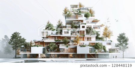 This striking residential building showcases a modern terraced design with lush greenery interspersed throughout 128448119