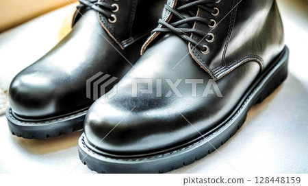 Close-up shot highlights the polished surface and stitching of black leather boots, showcasing their elegant design and durable construction 128448159