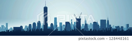 A bustling city skyline features majestic skyscrapers against a twilight backdrop, highlighting ongoing construction and urban growth 128448161