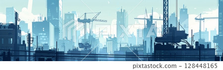 A dramatic skyline showcases numerous high-rise buildings amidst ongoing construction, illuminated by the soft early morning light 128448165