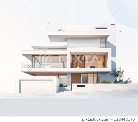 Modern house featuring white walls and a flat roof, designed with large windows and stylish outdoor space, reflecting contemporary living 128448170