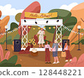Autumn holiday celebration with performer on outdoor stage. Vector seasonal event with music and audience, crowd. Fall festival or entertainment, public harvest party. Thanksgiving community gathering 128448221