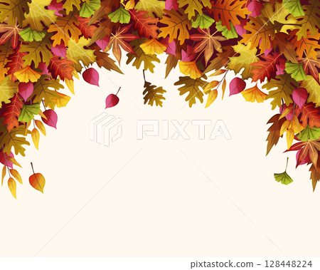 Fallen autumn leaves banner. Vector seasonal foliage background. Fall nature or forest tree backdrop design. Botanical embellishment or leafy adorn layout. Environment and nature, park decoration. 128448224