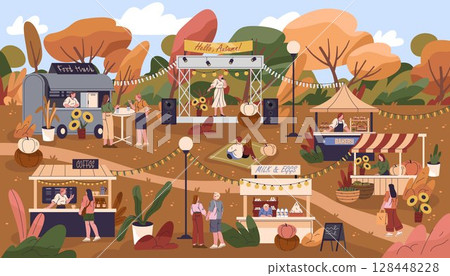Autumn fair festival or fall holiday scene with food stalls. Vector seasonal market at community celebration, food and drink counter or shop, store. Countryside retail or rustic festivity event. 128448228