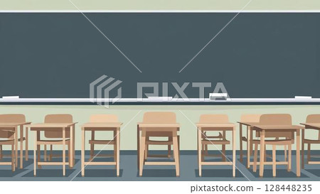 Image of a school classroom with a blackboard and chairs 128448235