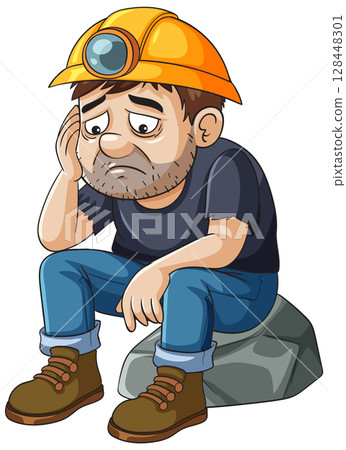 Sad Miner Sitting on a Rock Illustration Sad Miner Sitting on a Rock Illustration 128448301