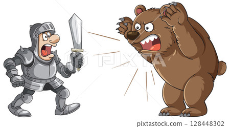 Cartoon Knight Confronting Angry Bear 128448302