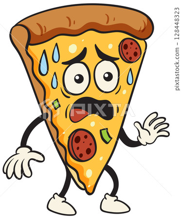 Cartoon Pizza Slice with Surprised Expression 128448323