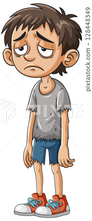 Sad Boy in Tattered Clothes Illustration 128448349