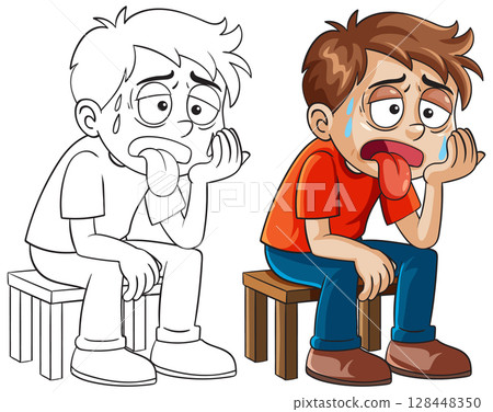 Exhausted Cartoon Boy Sitting on a Stool Exhausted Cartoon Boy Sitting on a Stool 128448350