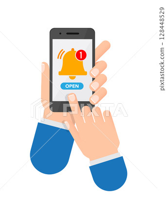 Hand holds phone with notifications icon on the smartphone screen stock illustration Hand holds phone with notifications icon on the smartphone screen stock illustration 128448529