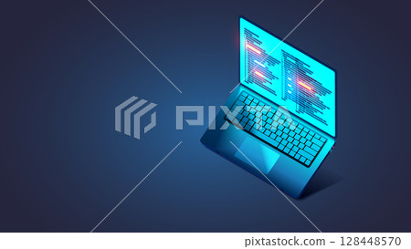Software, web development, programming concept. Abstract Programming language and program code on screen laptop in isometric. Laptop on a stand for programming, coding, software development in dark. 128448570