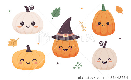 Smiling pumpkins with cheerful faces and witch hat in a flat style, fun Halloween and autumn themes 128448584