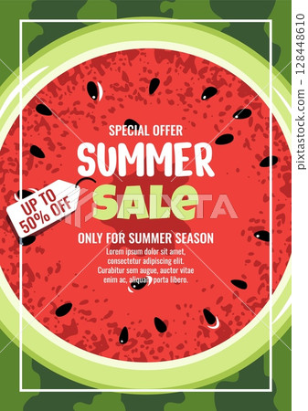 Summer Sale Poster Template. Square Watermelon Design for Seasonal Discounts, Social Media Ads and Shop Displays. Banner for Cafe, Grocery Stores, shop, market. Asian trend fruit 128448610