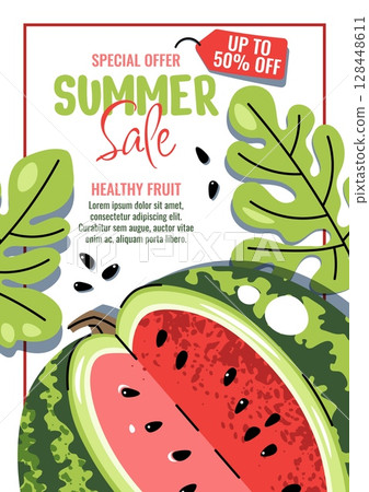 Summer Sale Poster. Watermelon Promo Banner in flat style. Background with Juicy Fruit for Seasonal Sales, Fresh Produce Ads, Beach Promotions. Vibrant Vector Template for Markets, Cafes, Social Media Summer Sale Poster. Watermelon Promo Banner in flat style. Background with Juicy Fruit for Seasonal Sales, Fresh Produce Ads, Beach Promotions. Vibrant Vector Template for Markets, Cafes, Social Media 128448611