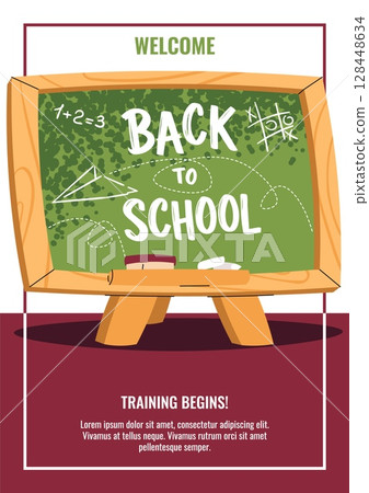 Back to school poster template. Cute banner with school chalkboard with lettering. Cheerful flat design for school, preschool, stationery advertising, sale or social media. Vector illustration Back to school poster template. Cute banner with school chalkboard with lettering. Cheerful flat design for school, preschool, stationery advertising, sale or social media. Vector illustration 128448634