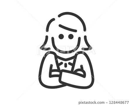Illustration of a businesswoman icon (line drawing) with her arms crossed Illustration of a businesswoman icon (line drawing) with her arms crossed 128448677