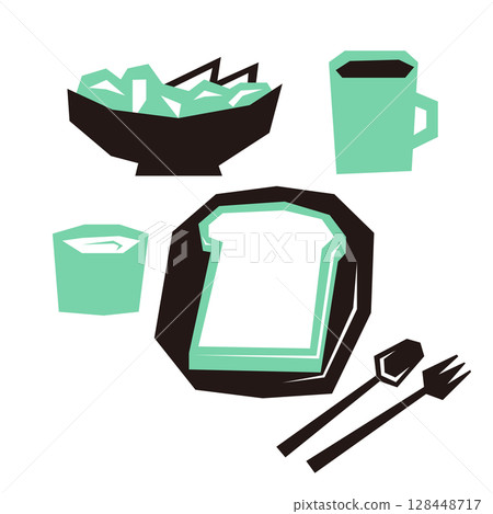 Breakfast flat illustration (bread, yogurt, coffee, cutlery) Breakfast flat illustration (bread, yogurt, coffee, cutlery) 128448717