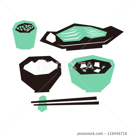 日本食物的平面插圖（米飯、味噌湯、鮭魚、納豆、筷子） 128448718