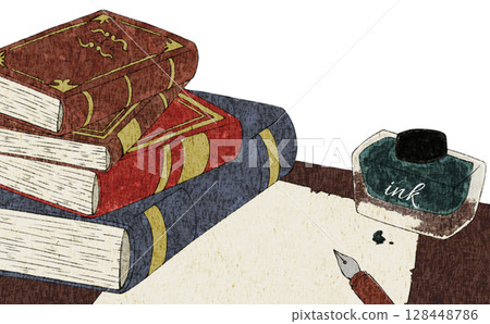 堆疊的書籍、信件和墨水瓶、水彩、透明材料 128448786
