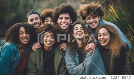 Diverse Group of Friends Sharing Embrace Outdoors: Youth Community and Support. Generative ai 128448847