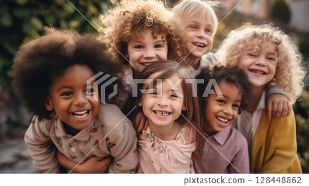 Multiracial Children Embracing Outdoors: Unity and Friendship. Generative ai 128448862