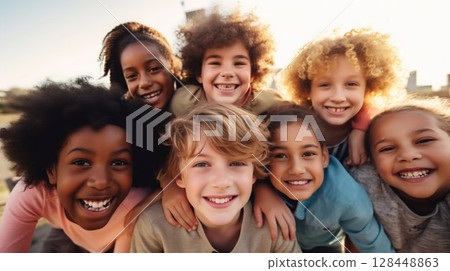 Multiracial Children Embracing Outdoors: Unity and Friendship. Generative ai Multiracial Children Embracing Outdoors: Unity and Friendship. Generative ai 128448863