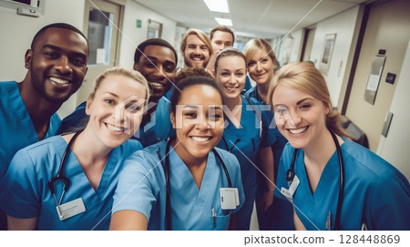 Medical Team Capturing a Selfie in Hospital Corridor: Unity in Healthcare. Generative ai 128448869