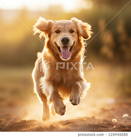 Joyful Golden Retriever Running and Jumping. Generative ai 128448886
