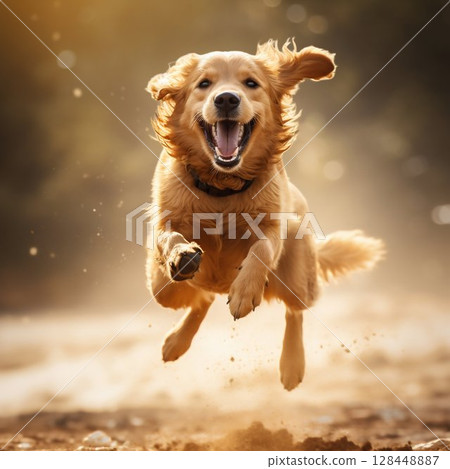 Joyful Golden Retriever Running and Jumping. Generative ai 128448887