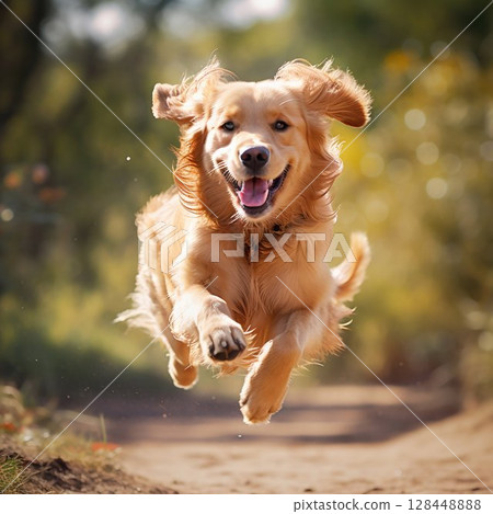 Joyful Golden Retriever Running and Jumping. Generative ai 128448888