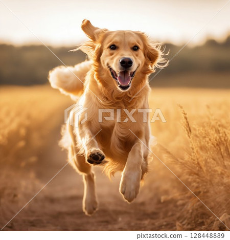 Joyful Golden Retriever Running and Jumping. Generative ai 128448889