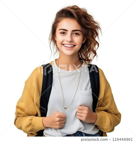 Portrait of Smiling European Female Student, Success Highlighted, Isolated on White. Generative ai 128448901