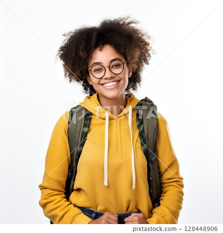 Portrait of Successful Afro Student Smiling, Isolated on White Background. Generative ai 128448906