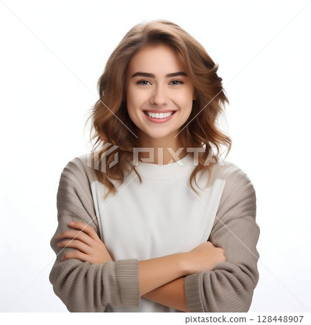 Portrait of Young Woman Smiling with Crossed Arms, Isolated on White. Generative ai 128448907