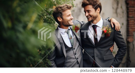 Gay Couple's Wedding Portrait in an Outdoor Setting. Generative ai 128448979