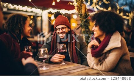 Friends Enjoying Red Wine on Winter Terrace at a Restaurant. Generative ai 128448998
