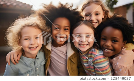 Multiracial Children Embracing Outdoors: Unity and Friendship. Generative ai 128449027