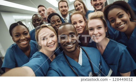Medical Team Capturing a Selfie in Hospital Corridor: Unity in Healthcare. Generative ai 128449032