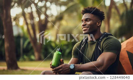 African Athlete Enjoying Energy Drink After Outdoor Workout. Generative ai 128449040