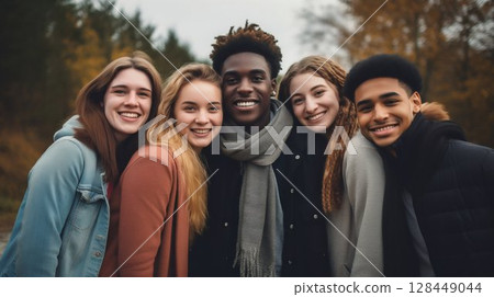 Diverse Group of Friends Sharing Embrace Outdoors: Youth Community and Support. Generative ai 128449044