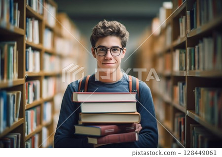 Studious Young Scholar Researching with Books in School Library. Generative ai 128449061