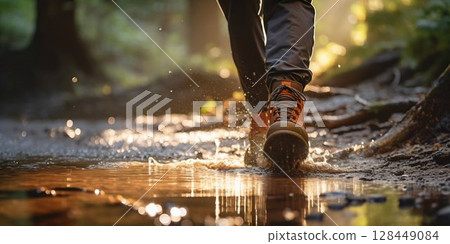Forest Adventure: Hiker at Dawn by a Stream. Generative ai 128449084