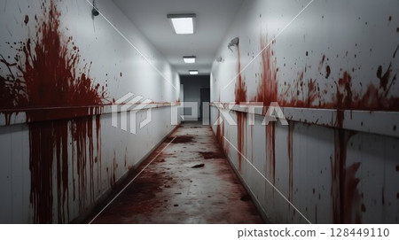 Halloween Horror: Blood-Stained White Hallway. Generative ai 128449110
