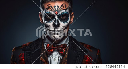 Man Celebrating Day of the Dead with Skull Face Paint Portrait. Generative ai 128449114