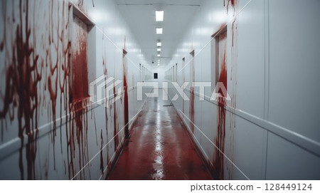 Halloween Horror: Blood-Stained White Hallway. Generative ai 128449124